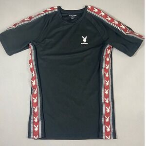 Playboy By Pacsun Black Graphic TShirt Men's Size M Bunny Logo Striped Sleeve